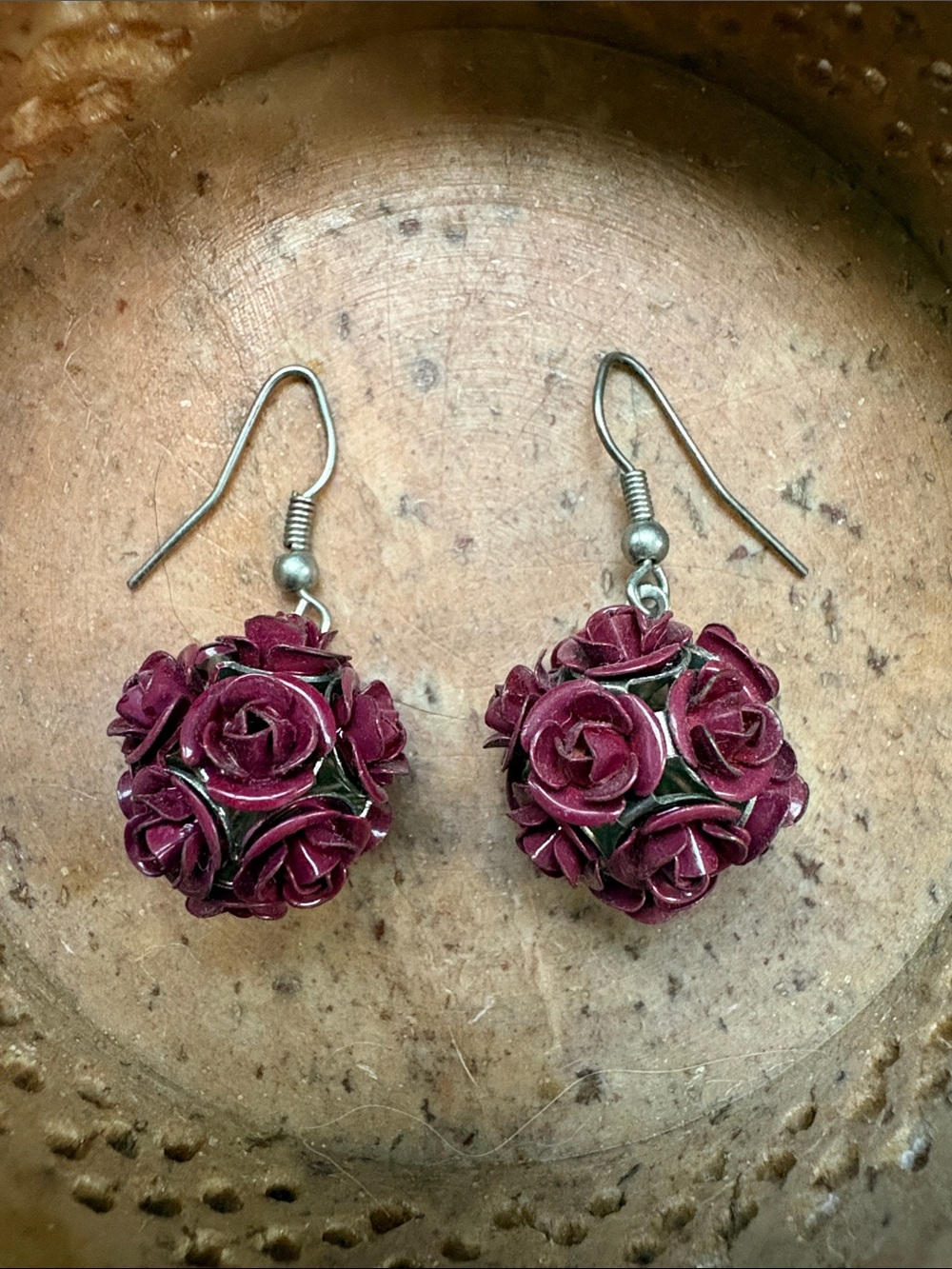 Burgundy Rose Cluster Drop Earrings - Women Jewelry